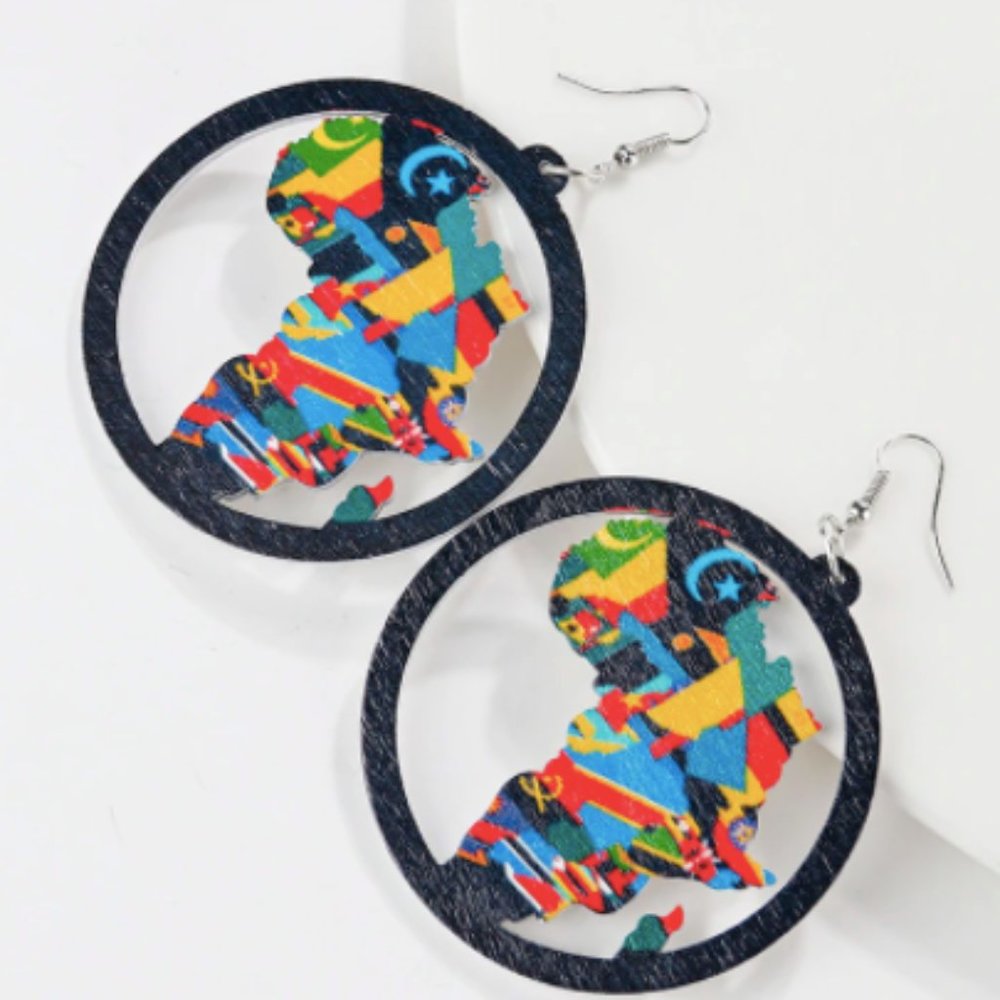 Painted Africa Map Wooden Drop Earrings